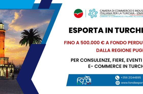 Le imprese pugliesi hanno l’opportunità di ottenere un finanziamento a fondo perduto di 500.000 € per fiere ed eventi, consulenze ed e-commerce in Turchia