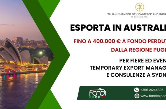 Finanziamento a fondo perduto di 400.000€ alle imprese pugliesi per eventi e fiere, consulenze e TEM in Australia a Sydney