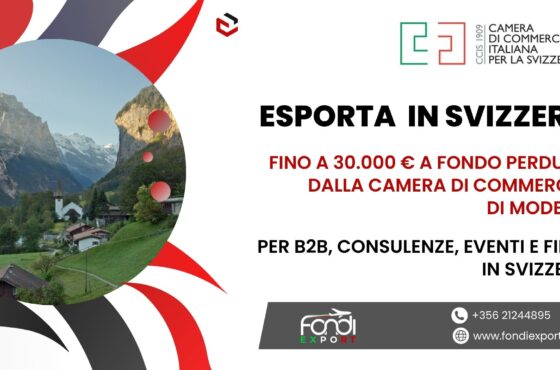 30.000 € di finanziamento a fondo perduto sono disponibili per le imprese modenesi per Eventi e Fiere, B2B, Consulenze in Svizzera