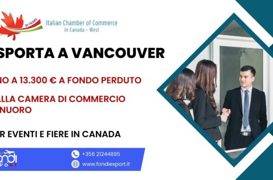 Camera di Commercio di Nuoro: finanziamento a fondo perduto di 13.300 € per Eventi e Fiere a Vancouver