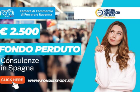 Bando della Camera di Commercio di Ferrara Ravenna: 2.500 euro a fondo perduto per le Acquisto di servizi di consulenza export, Temporary Export Manager/ Digital Export Manager, analisi mercati, promozione prodotti, B2B, eventi promozionali in Spagna a Madrid