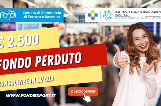 Bando della Camera di Commercio di Ferrara Ravenna: 2.500 euro a fondo perduto per le Acquisto di servizi di consulenza export, Temporary Export Manager/ Digital Export Manager, analisi mercati, promozione prodotti, B2B, eventi promozionali in Svezia