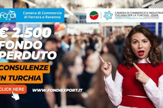 Bando della Camera di Commercio di Ferrara Ravenna: 2.500 euro finanziamento a fondo perduto per le Acquisto di servizi di consulenza export, Temporary Export Manager/ Digital Export Manager, analisi dei mercati, promozione dei prodotti, B2B, eventi promozionali in Turchia a Izmir